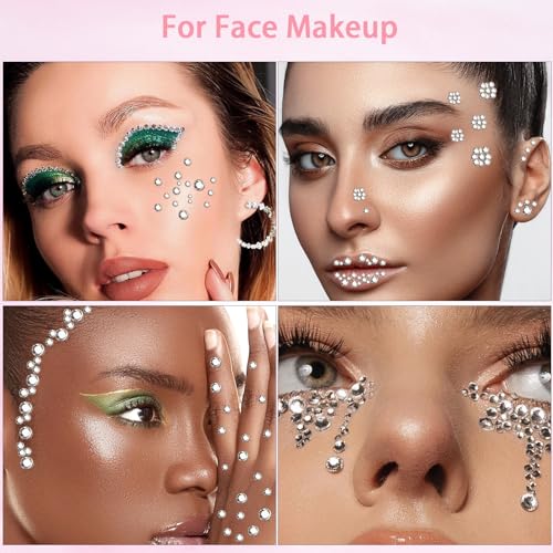 LOIKMIUP Silver Clear Rhinestones Face Gems with Makeup Glue - for Face & Hair Art, Festival & Party Looks, 2000pcs, Multiple Sizes