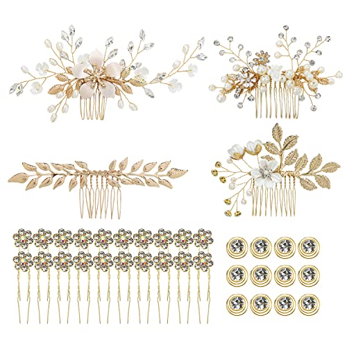 36-Piece Gold Bridal Hair Accessory Set with Flower and Leaf Designs