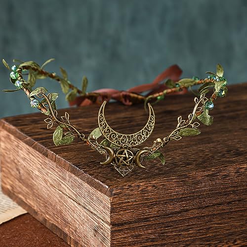 MOSTORY Green Rhinestone Elf Moon Crown - Woodland Fairy Tiara for Cosplay & Medieval Costumes