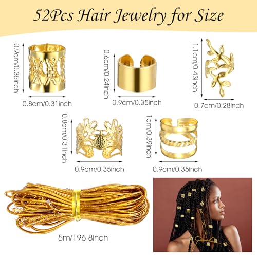 50Pcs Gold Hair Jewelry for Braids - Adjustable Cuffs & Charms
