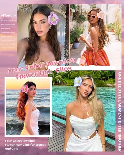 Ufgin 4-Pack Hawaiian Flower Hair Clips for Women - Tropical Hibiscus Barrettes for Beach & Vacation
