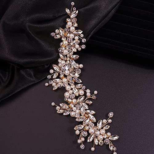 Gold Bridal Rhinestone Pearl Flower Headband for Wedding Hair