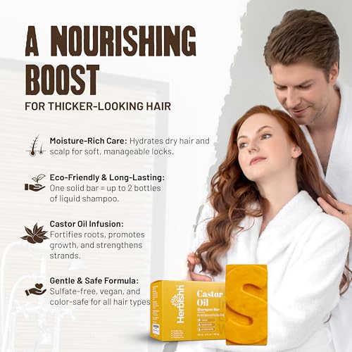 Herbishh Castor Oil Shampoo Bar - Volumizing Solid Soap for Thinning Hair