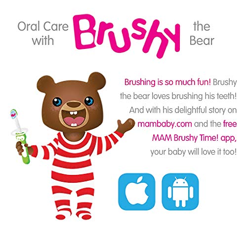 MAM Baby Training Toothbrush with Safety Shield & Character Brushy The Bear – Pink, Pack of 2, 5+ Months