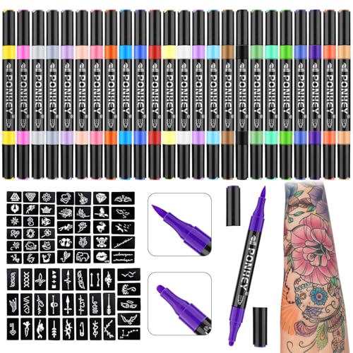 Ponhey Multicolor 24 Body Markers & 67 Tattoo Stencils Skin-Safe Face Paint Kit for Teens & Adults