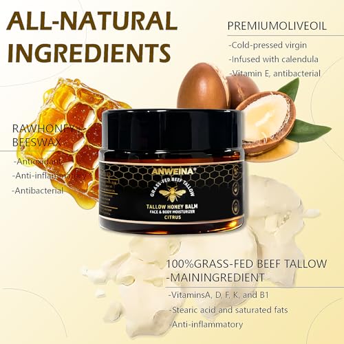 Organic Grass-Fed Tallow Honey Balm, Beef-Tallow for Skin (2 Oz)