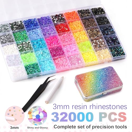 32000Pcs Resin Jelly Rhinestone Kit - 40 Colors 3mm Flatback Gems with Glue