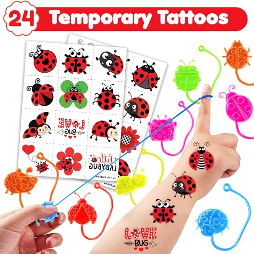 Ladybug Party Favor Kit - 24 Stick Hands + 24 Temporary Tattoos, 48 pcs