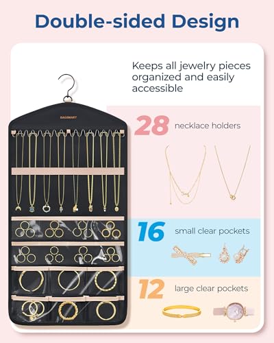 BAGSMART Double-Sided Hanging Jewelry Organizer with Hooks - Black