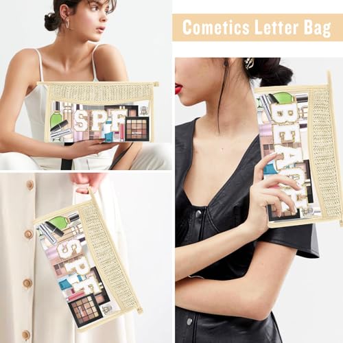 2-Piece Boho Clear Makeup Bag Set with Glitter Chenille Letter Patches