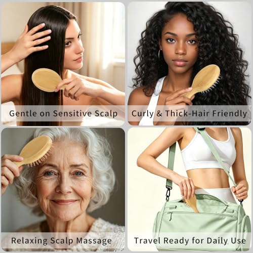Mini Bamboo Hair Brush Set - 2 Pack Travel Detangling & Boar Bristle Comb for Women Men Kids
