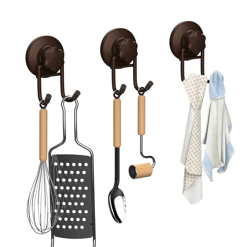 SANNO Suction Cup Hooks, Shower Squeegee Holder Towel Robe Loofah Hanging Hook for Bathroom Kitchen, Bathroom Accessories, Bronze (2 Pack)