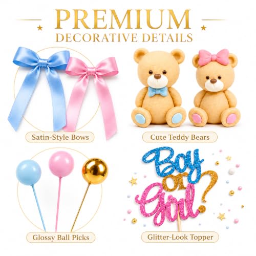 Gender Reveal Cake Decorations Kit - 36 PCS Teddy Bear Theme