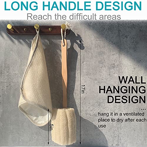 Natural Loofah Bath Brush with Long Wooden Handle - Exfoliating Shower Sponge for Body & Back