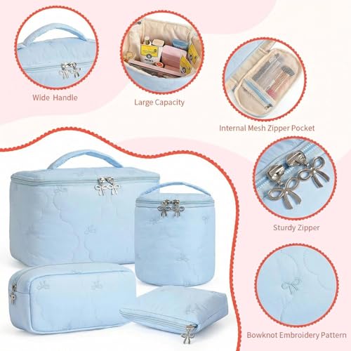 AMDAILY Sky Blue Quilted Makeup Bag Set with Bow Embroidery - 4 Pcs Travel Organizer