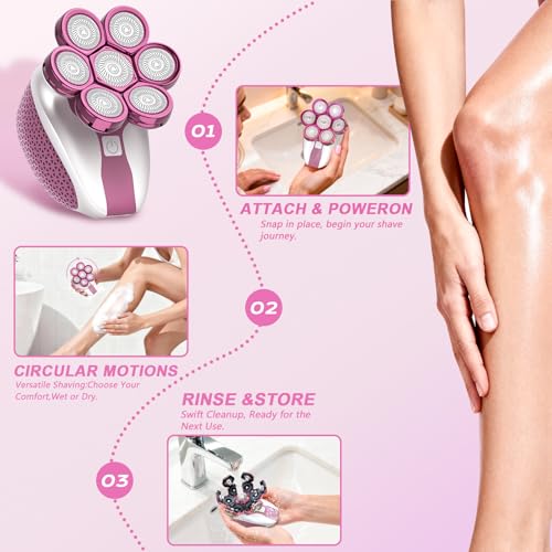 Electric Razors for Women, 7D Shavers for Women with LED Display, Rechargeable Waterproof Electric Shaver, Multi-Function Body Hair Shaver Grooming Kit for Legs/Face/Armpits/Bikini(Pink)