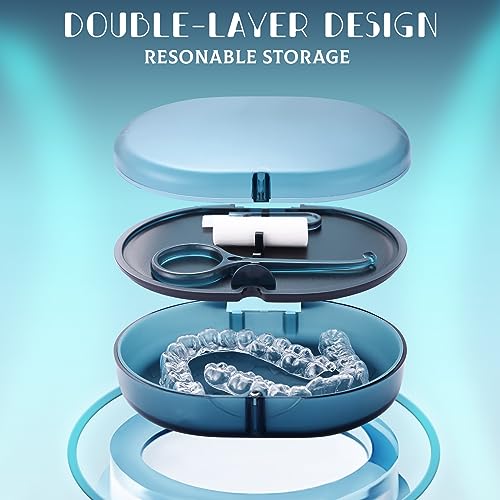 LONGMON Blue Double-Layer Retainer Storage Case with Removal Tool, Cleaning Brush & Built-in Mirror