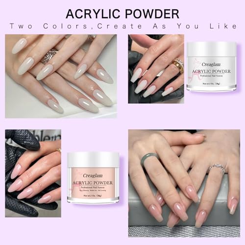 Creaglam 3-Color Acrylic Nail Kit (Clear/Nude/White) with 60ml Liquid & 28g Powder | Beginner Friendly Gel Glue & Nail Forms