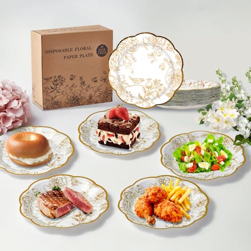 50 Pcs Gold Floral Paper Plates - 7 Inch Disposable Dessert Plates for Weddings & Parties