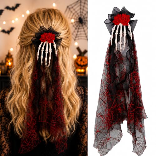 Gothic Skeleton Hand Hair Clip with Rose Veil - 25.2 in