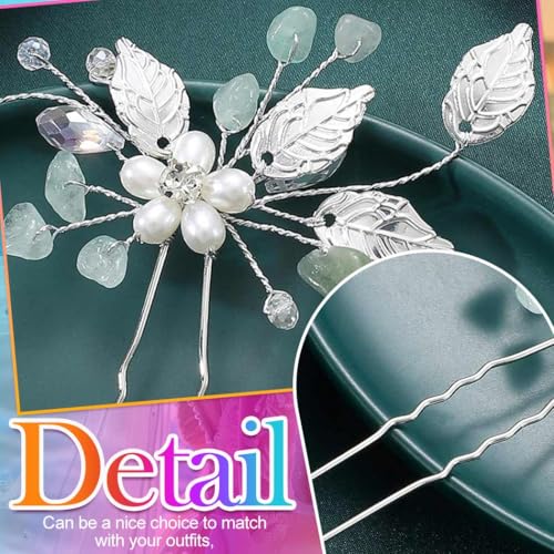 Pearl Wedding Hair Pins with Green Leaf Design - Pack of 3