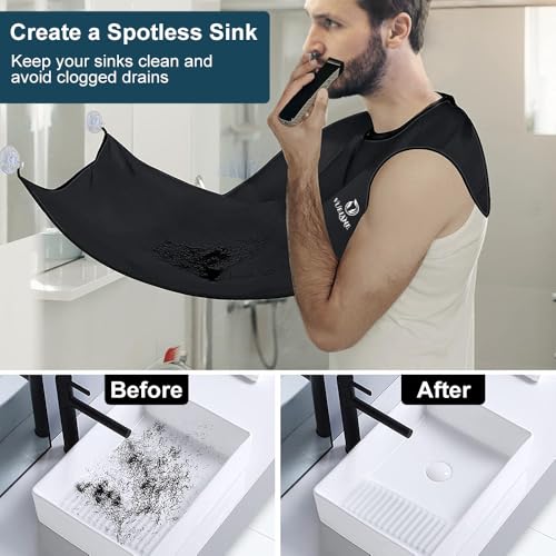 VUELANE Black Beard Bib Apron Hair Catcher for Men Grooming, Non-Stick Shaving Catcher with Suction Cups