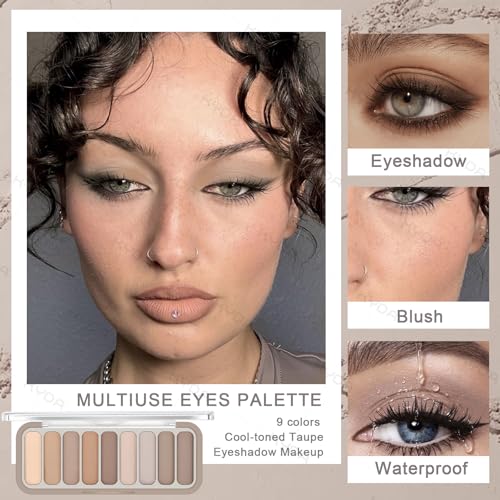 KYDA 9-Color Cool Toned Taupe Eyeshadow Palette with Brush - Natural Matte & Shimmer Shades