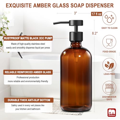 GMISUN Amber Glass Soap Dispenser with Stainless Steel Pump - 17 Fl Oz
