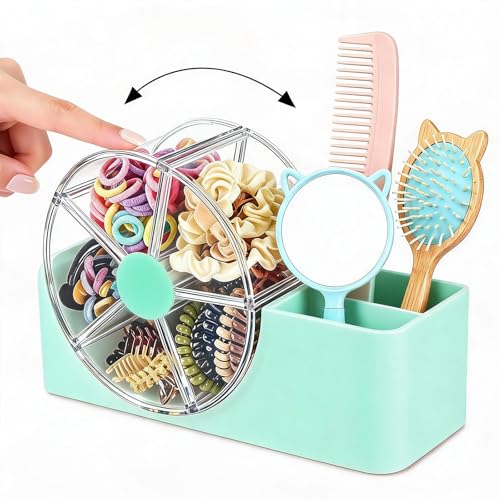 Seafoam Hair Accessories Organizer with 2-Slot Brush Holder & 5-Section Rotating Wheel for Kids & Girls