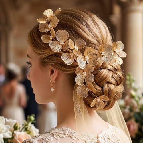 Unicra Gold Bridal Wedding Hair Vine with Pearls & Flowers - Elegant Headpiece for Brides & Women