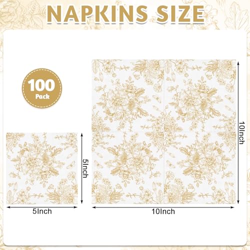 Gold Floral Cocktail Napkins - 100 Pack Vintage Chinoiserie Design