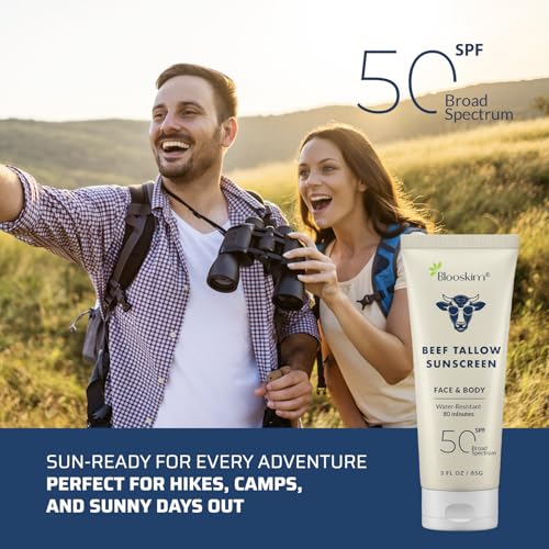 Blooskim Beef Tallow Sunscreen SPF 50, Natural Mineral Sunblock - 3 oz