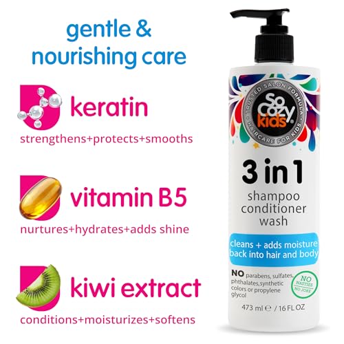 SoCozy 3-in-1 Kids Shampoo, Conditioner & Body Wash - Gentle Cleanser with Keratin & Kiwi Extract, Paraben-Free