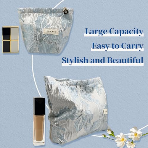 Blue Sculptured Flower Makeup Bag Set - Large & Small Canvas Pouches