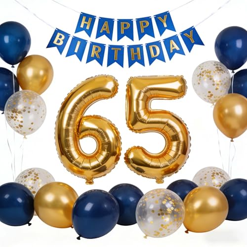 Navy Blue and Gold 65th Birthday Party Decorations Set