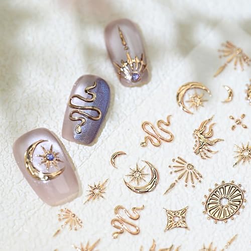 Gold 5D Nail Art Stickers - Star & Moon Design Self-Adhesive Decals