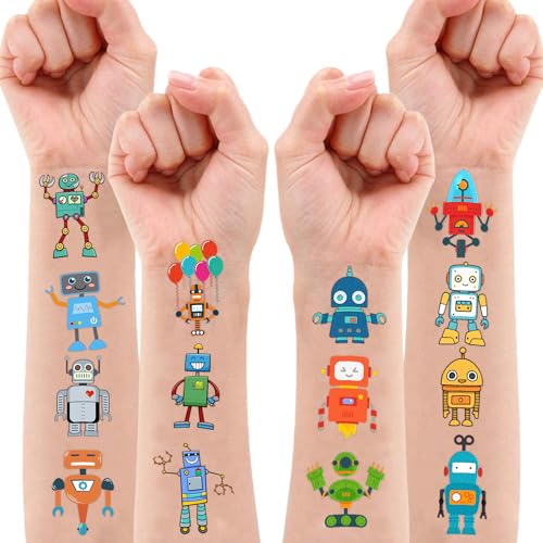 Cute Robot Temporary Tattoos for Kids - 60 PCS Pre-Cut Stickers