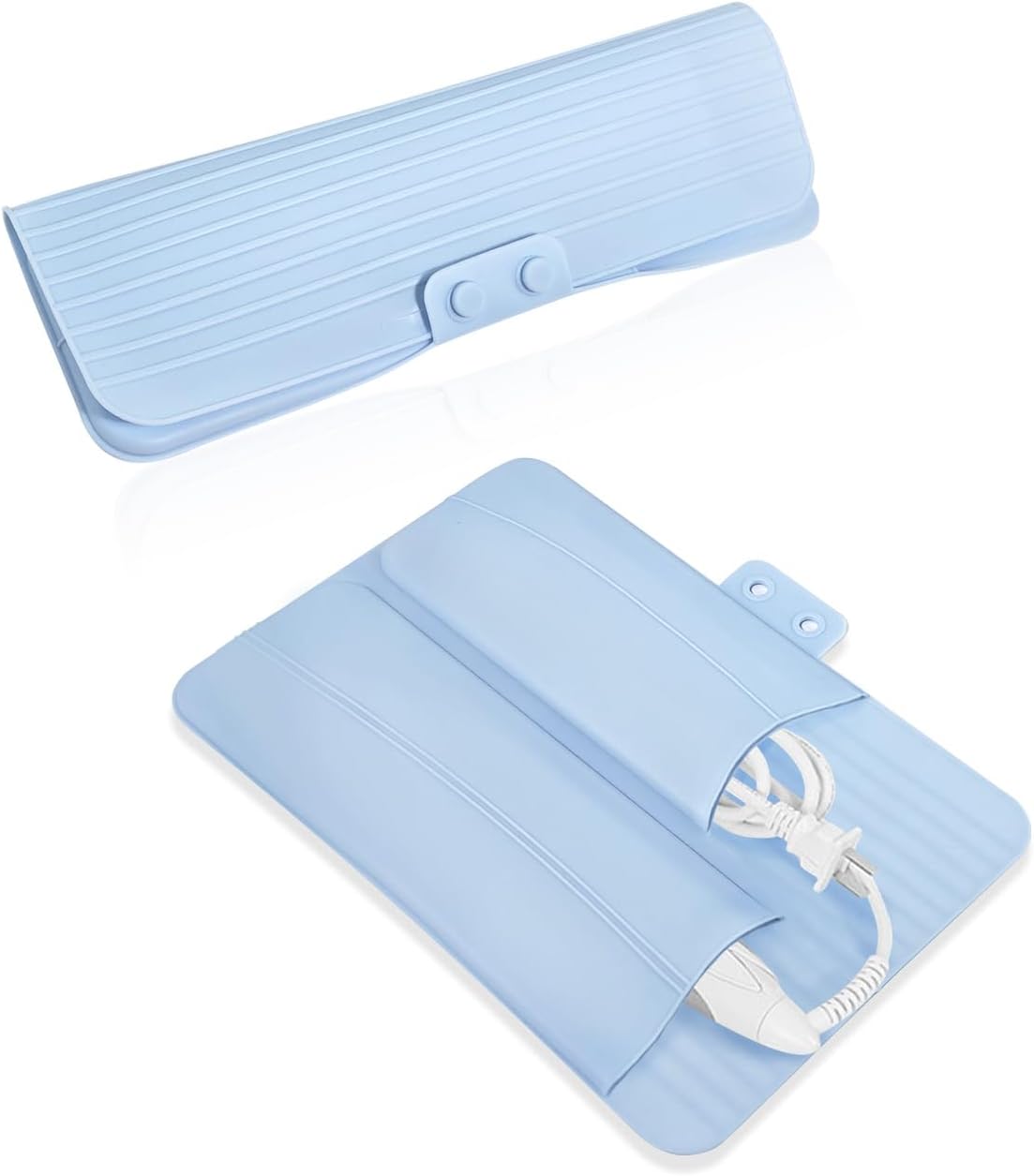Heat Resistant Silicone Mat Travel Case - 2-in-1 Soft Folding Storage Bag for Curling Iron & Flat Iron | Non-Slip Design, Portable (Blue)