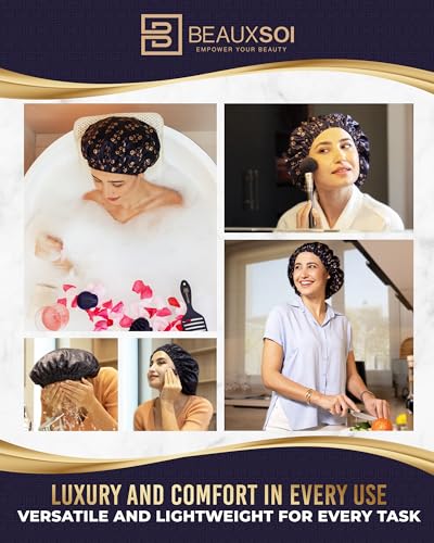 Satin-Lined Luxury Shower Cap for Women - Fleur de Nuit Design, Adjustable & Waterproof