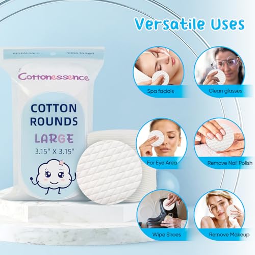 Cottonessence 120 Pack Premium 100% Cotton Makeup Remover Pads - Extra-Large, Soft, Lint-Free Facial Cotton Rounds for Sensitive Skin