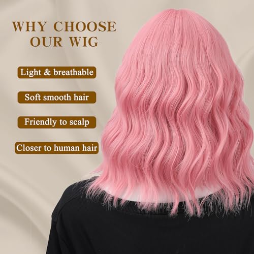 ATAYEA 14 Inch Pink & Purple Curly Wavy Wig for Women Short Bob Synthetic Fiber Cosplay & Daily Use
