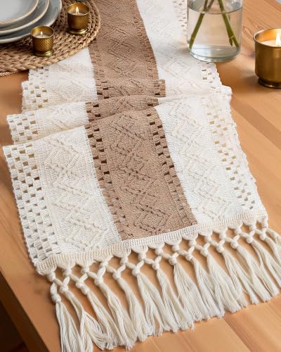 Boho Table Runner 12x60 Inch with Tassels - Brown Linen Decor
