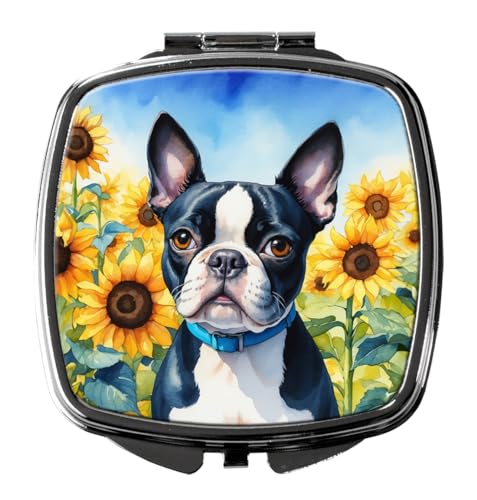 Boston Terrier Sunflowers Compact Mirror - Metal Travel Makeup Mirror