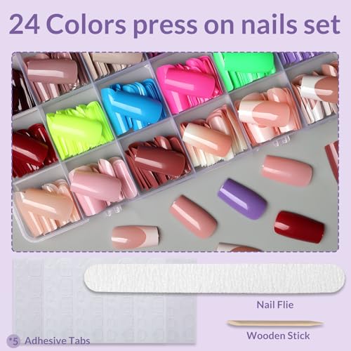 AddFavor Long Square Press-On Nails Set 576PCS Multicolor Glossy Fake Nails for Women