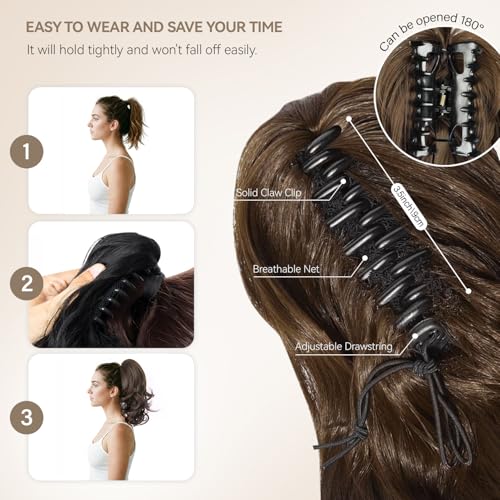 14 Inch Ponytail Extension - Wavy Pony Tails Hair Extensions, Claw Clip Ponytail Extension, Synthetic Hair Extensions Ponytail, Clip on Ponytails for Women (Light Brown With Beige Highlights)
