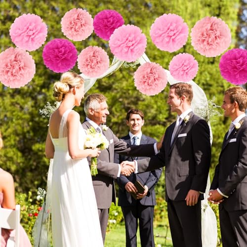 BestoFun 16Pcs Hot Pink Pom Poms for Party Decorations