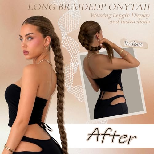34 Inch Extra Long Brown Braided Ponytail Extension | Easy Attach Hairpiece