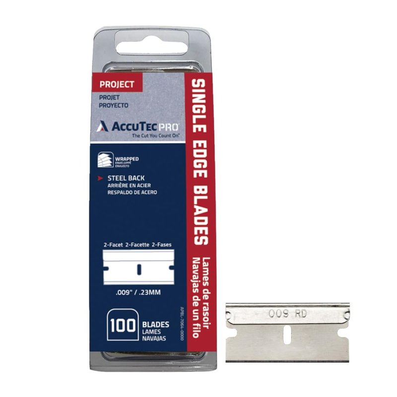 AccuTec Pro Steel Single Backed Edge Razor Utility Blades - 100-Pack - .009 Inch Made of High Carbon Steel for Durability and Long Service Life - APBL-7064
