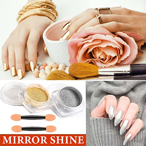 WENJLYJ A 2Pcs Gold Silver Chrome Nail Powder Set - Holographic Mirror Metallic Glitter for Nails