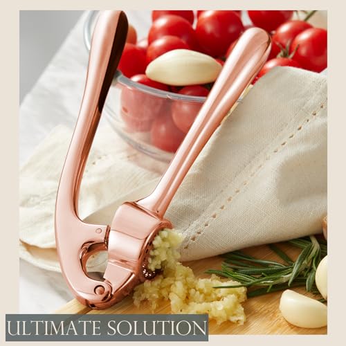 Professional Garlic Press - Easy Squeeze, Rust Proof, Rose Golden